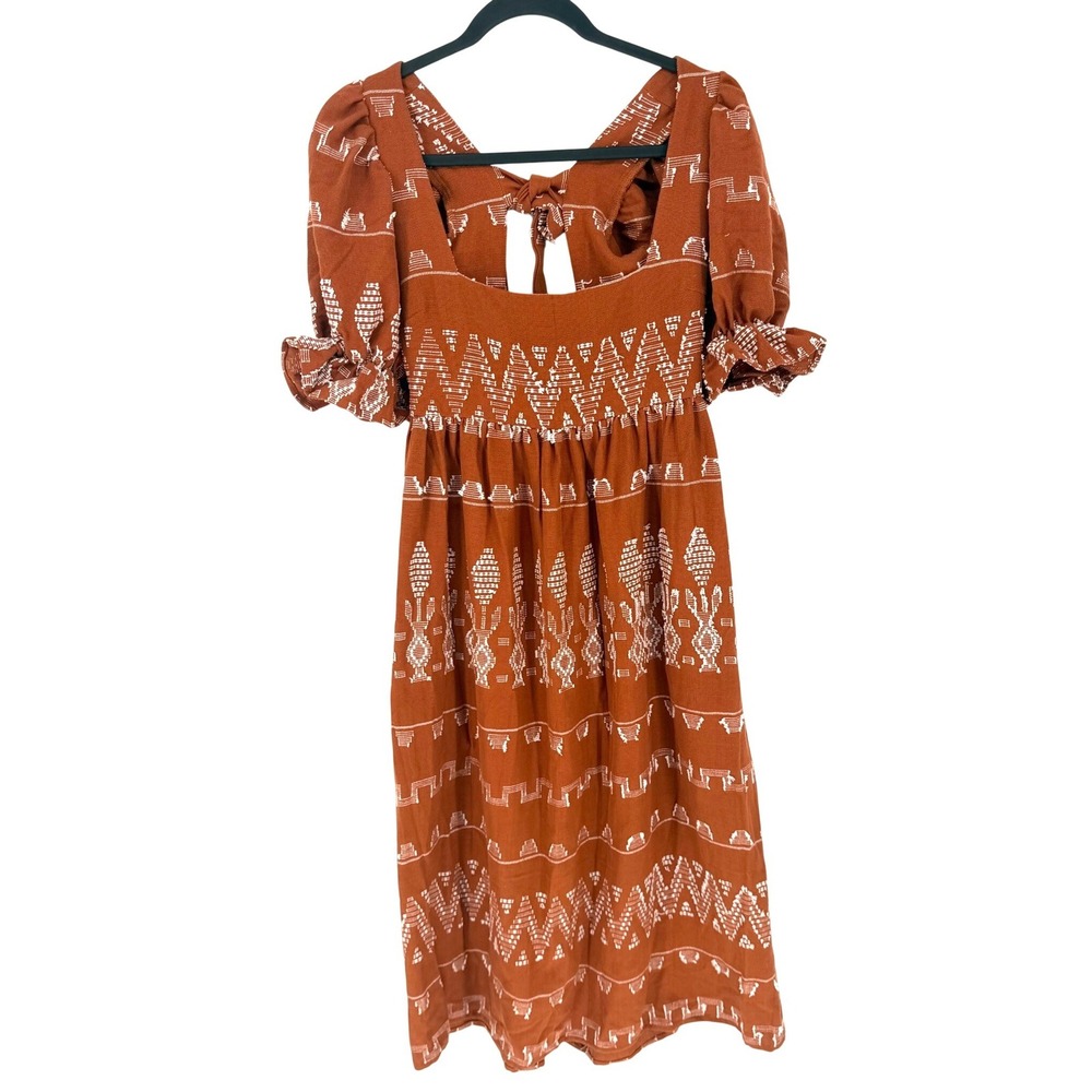 Stela 9 Artisan Midi Dress Embroidered Boho XS Rust Orange Cottagecore Peasant